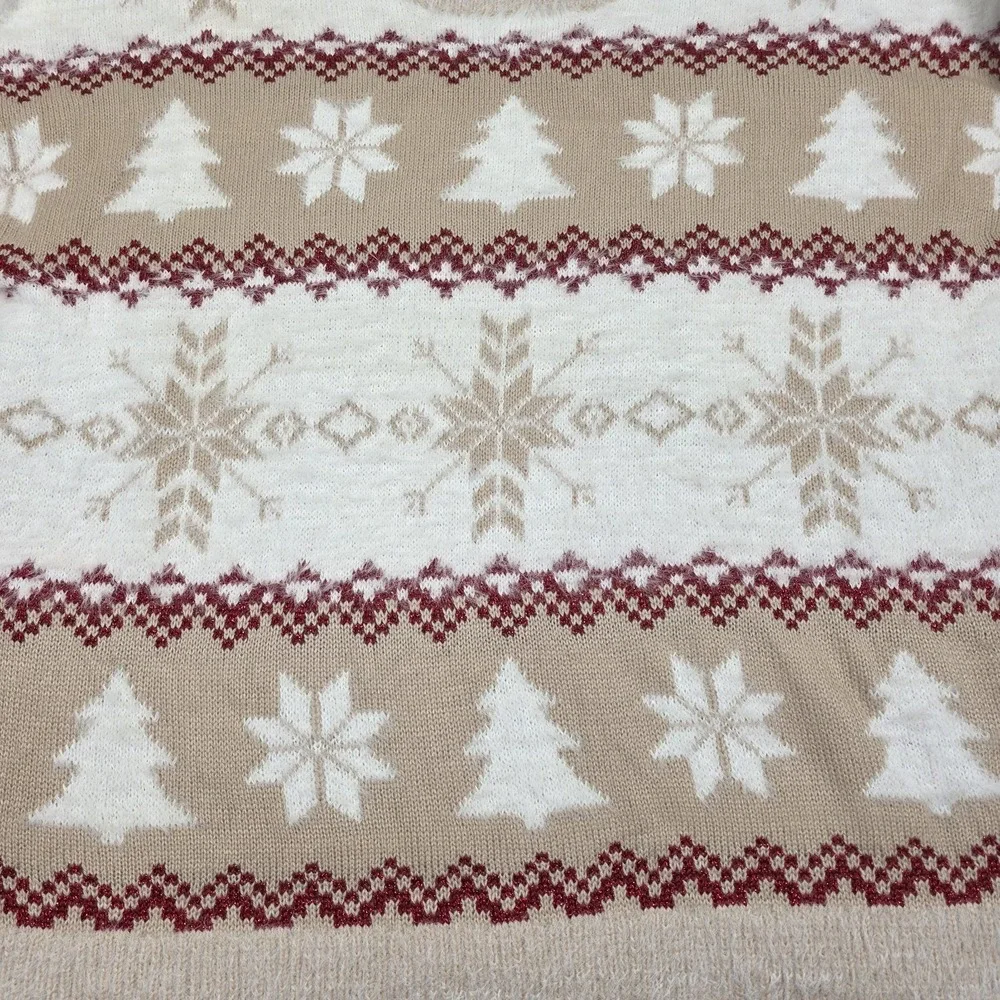 Holiday Time Christmas Winter‎ Holiday Sweater Fuzzy Snowflake Tan Red White XL